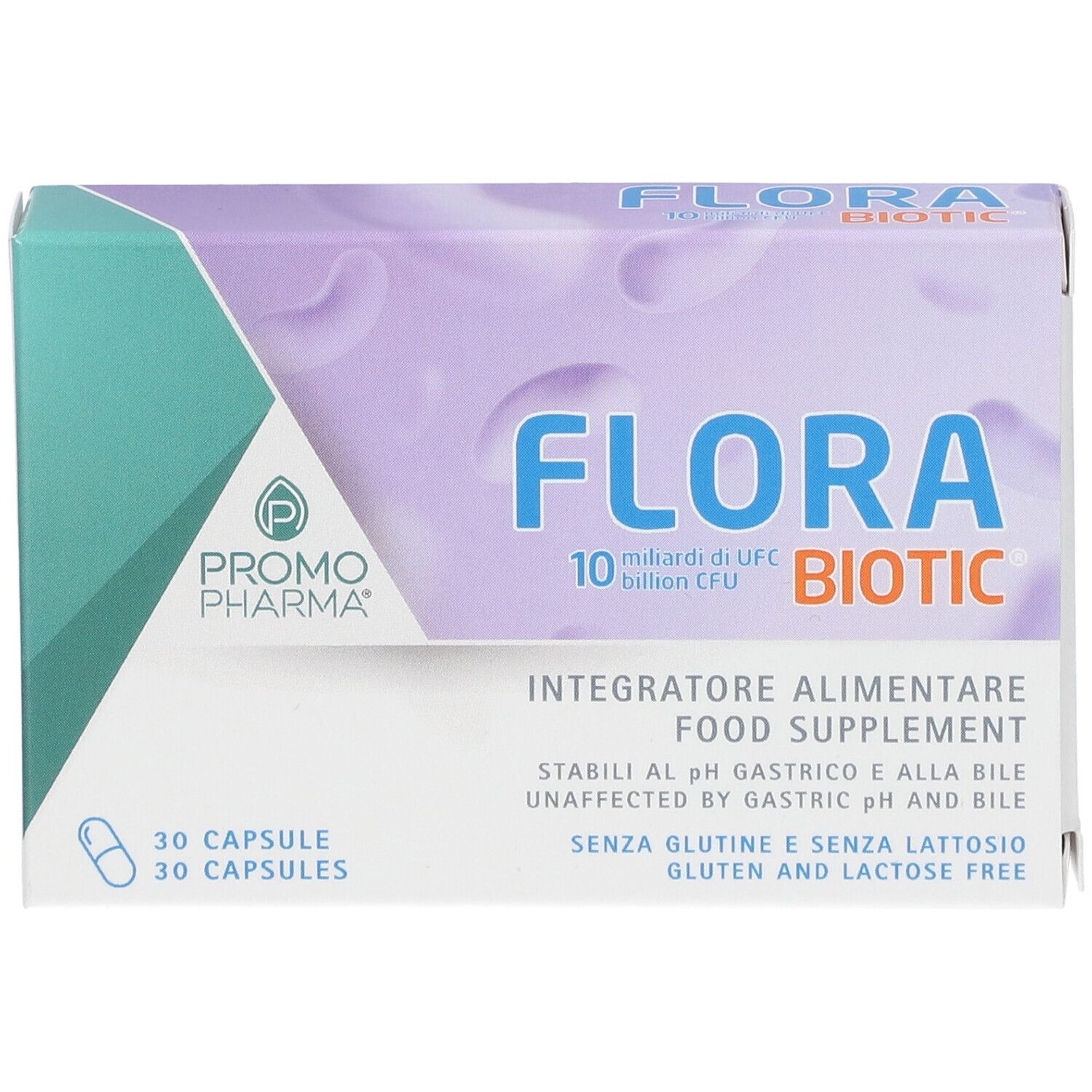 Confezione di Flora Biotic. Scritta: 10 miliardi di UFC, senza glutine e lattosio. Marchio: Promo Pharma. 30 capsule.
