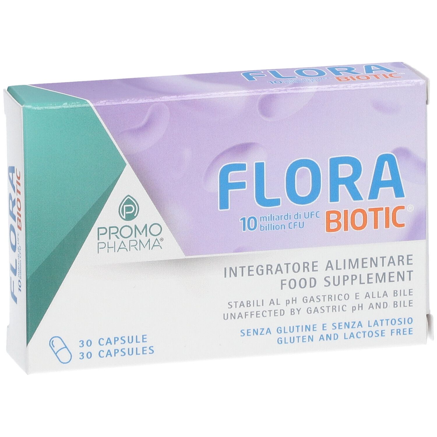 Confezione di Flora Biotic in diagonale. Scritta: 10 miliardi di UFC, senza glutine e lattosio. Marchio: Promo Pharma. 30 capsule.