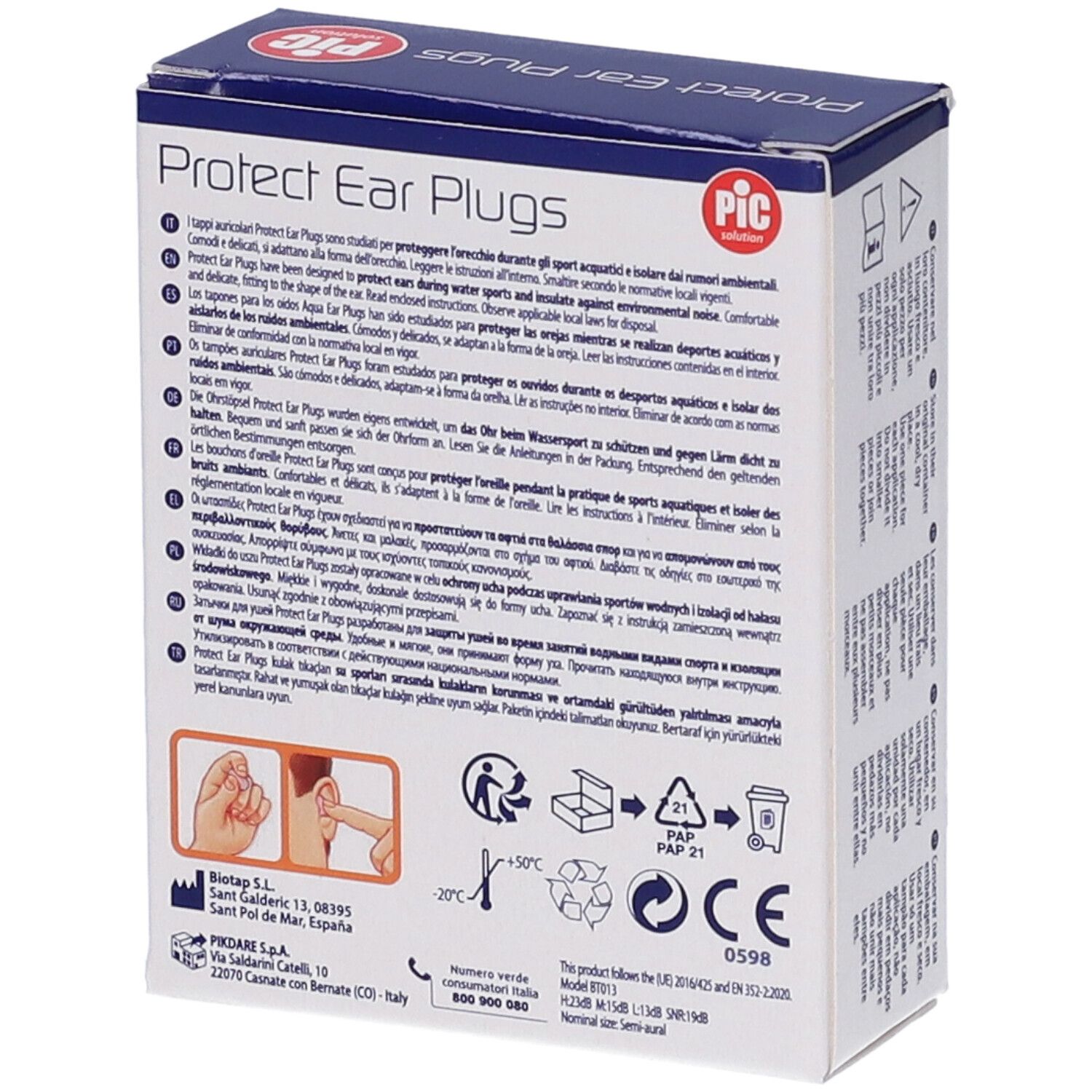 Verpackung für Protect Ear Plugs, mit Informationen und Symbolen.