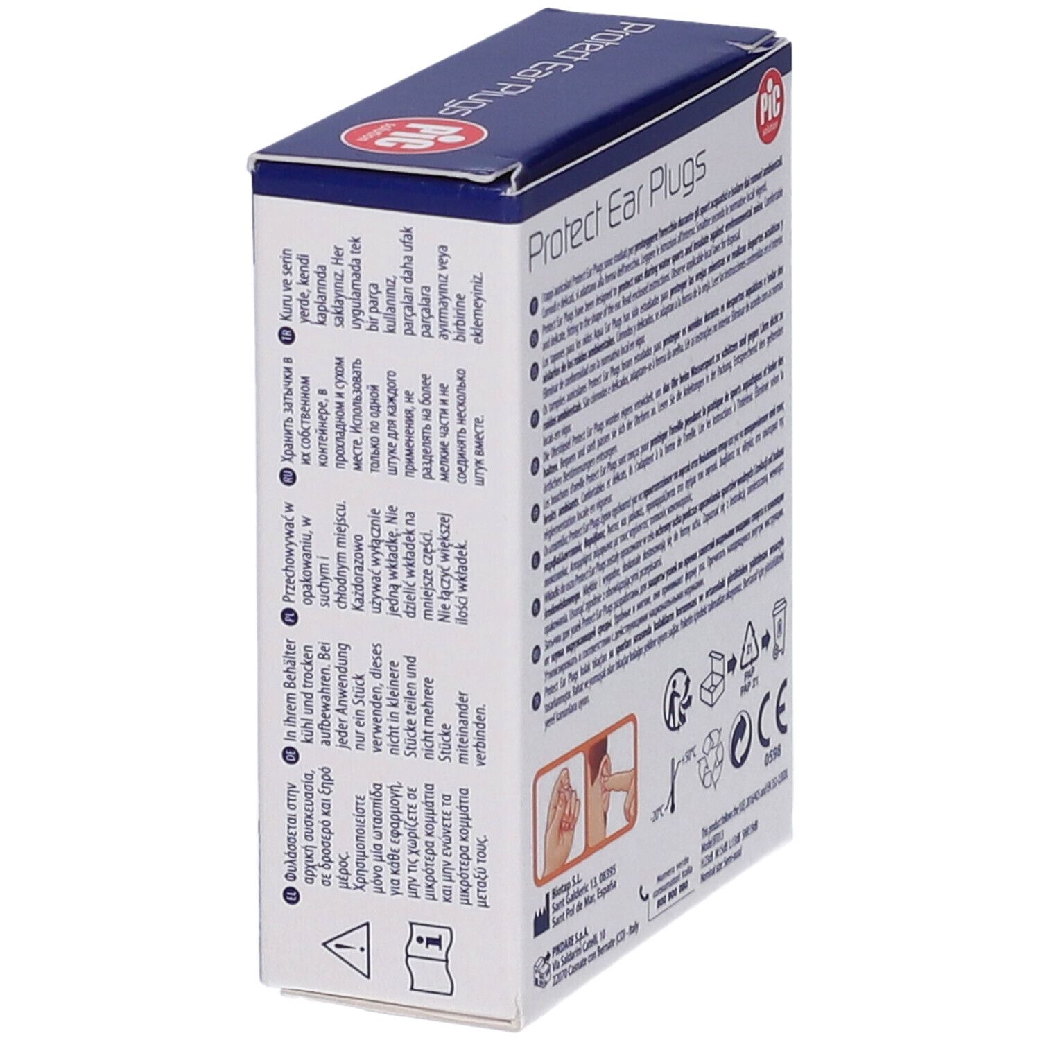 Verpackung für Protect Ear Plugs, mit Informationen und Symbolen.