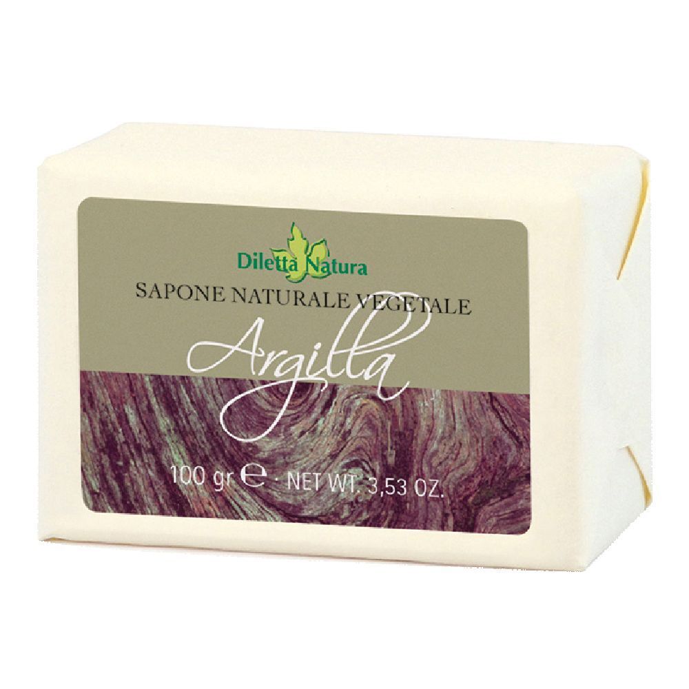 Sapone confezionato in carta. Stampa: Diletta Natura, Argilla. Etichetta verde-marrone. Forma rettangolare.