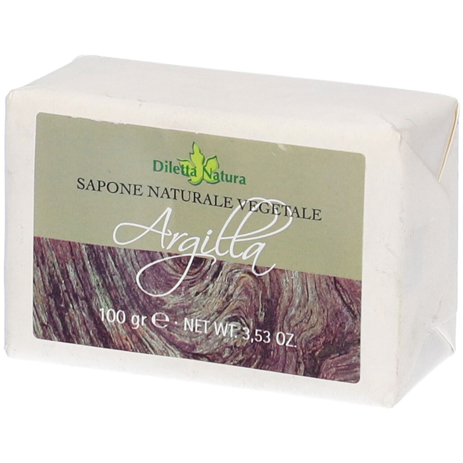 Sapone confezionato in carta. Stampa: Diletta Natura, Argilla. Etichetta verde-marrone. Forma rettangolare.
