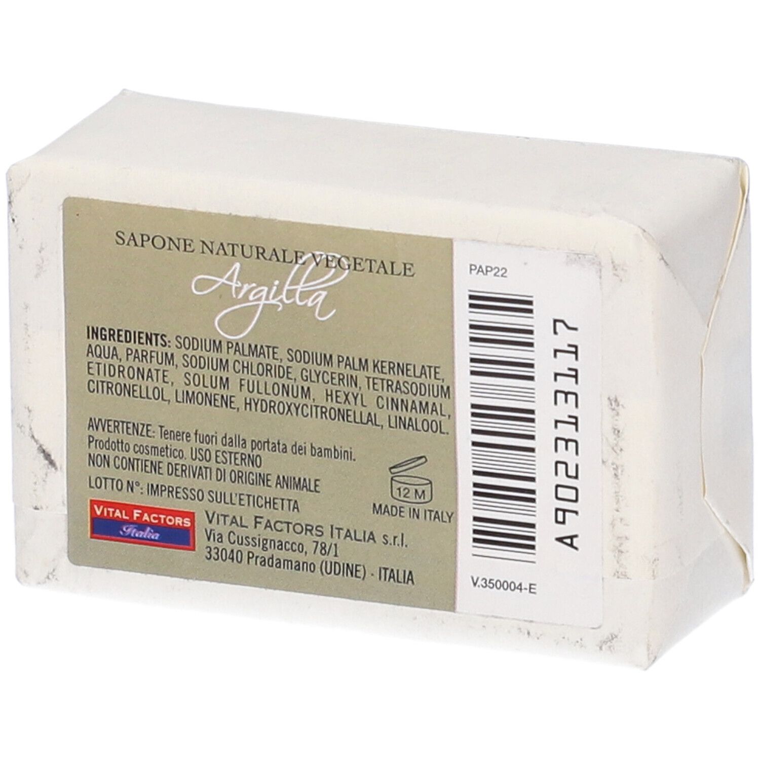 Sapone confezionato in carta. Retro con ingredienti e informazioni produttore. Forma rettangolare.
