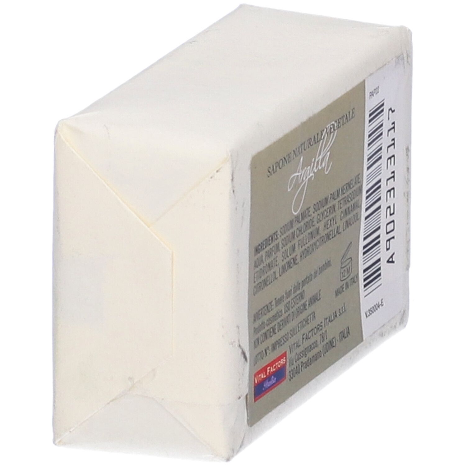 Sapone confezionato in carta. Retro con ingredienti e informazioni produttore. Forma rettangolare.