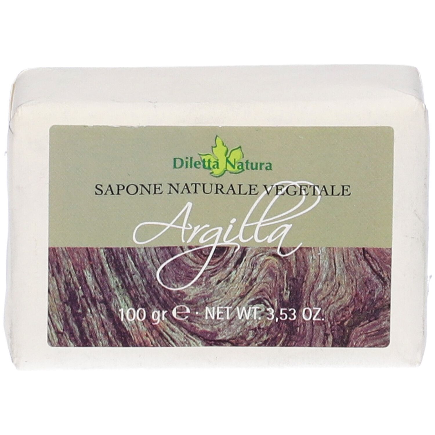 Sapone confezionato in carta. Stampa: Diletta Natura, Argilla. Etichetta verde-marrone. Forma rettangolare.