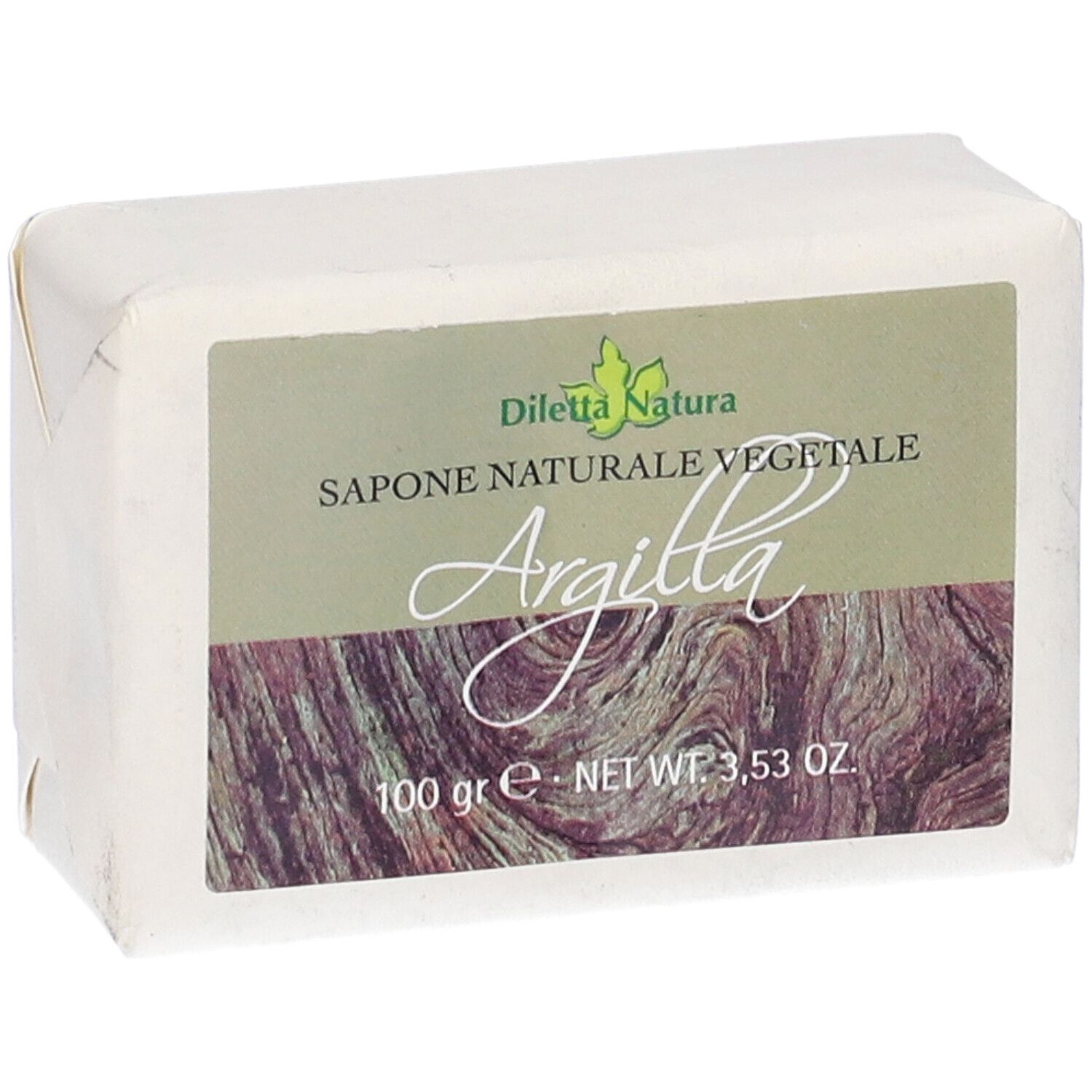 Sapone confezionato in carta. Stampa: Diletta Natura, Argilla. Etichetta verde-marrone. Forma rettangolare.