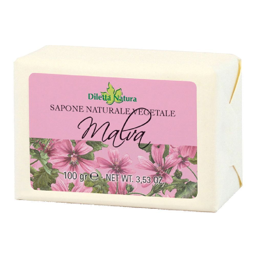 Sapone confezionato in carta. Etichetta rosa con testo Malva, 100 g e fiori. Marca: Diletta Natura.