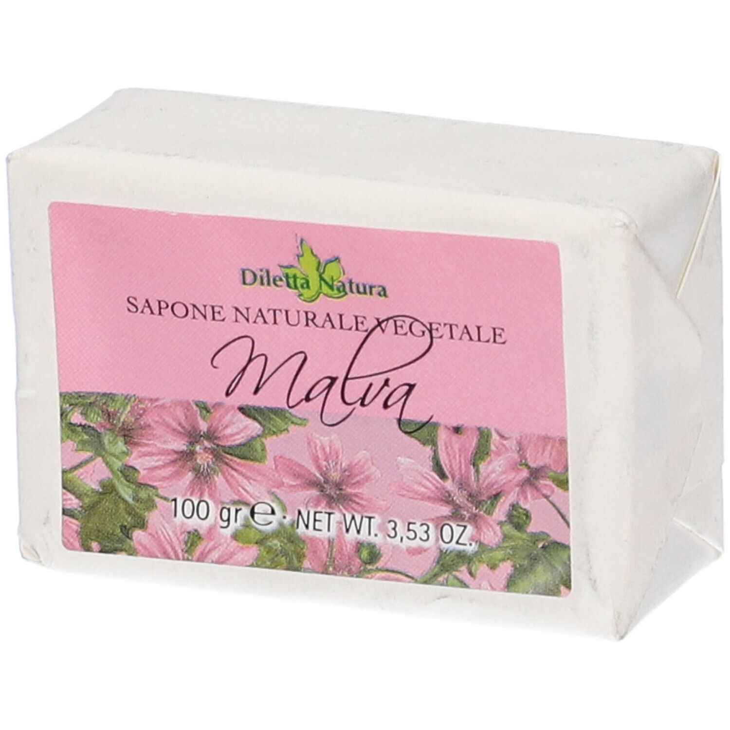 Sapone confezionato. Etichetta rosa con testo Malva, 100 g. Marca: Diletta Natura. Design floreale.