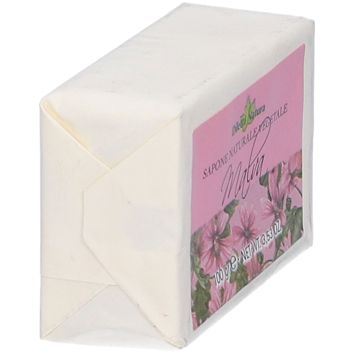 Sapone confezionato. Etichetta rosa con testo Malva, 100 g. Marca: Diletta Natura. Design floreale.