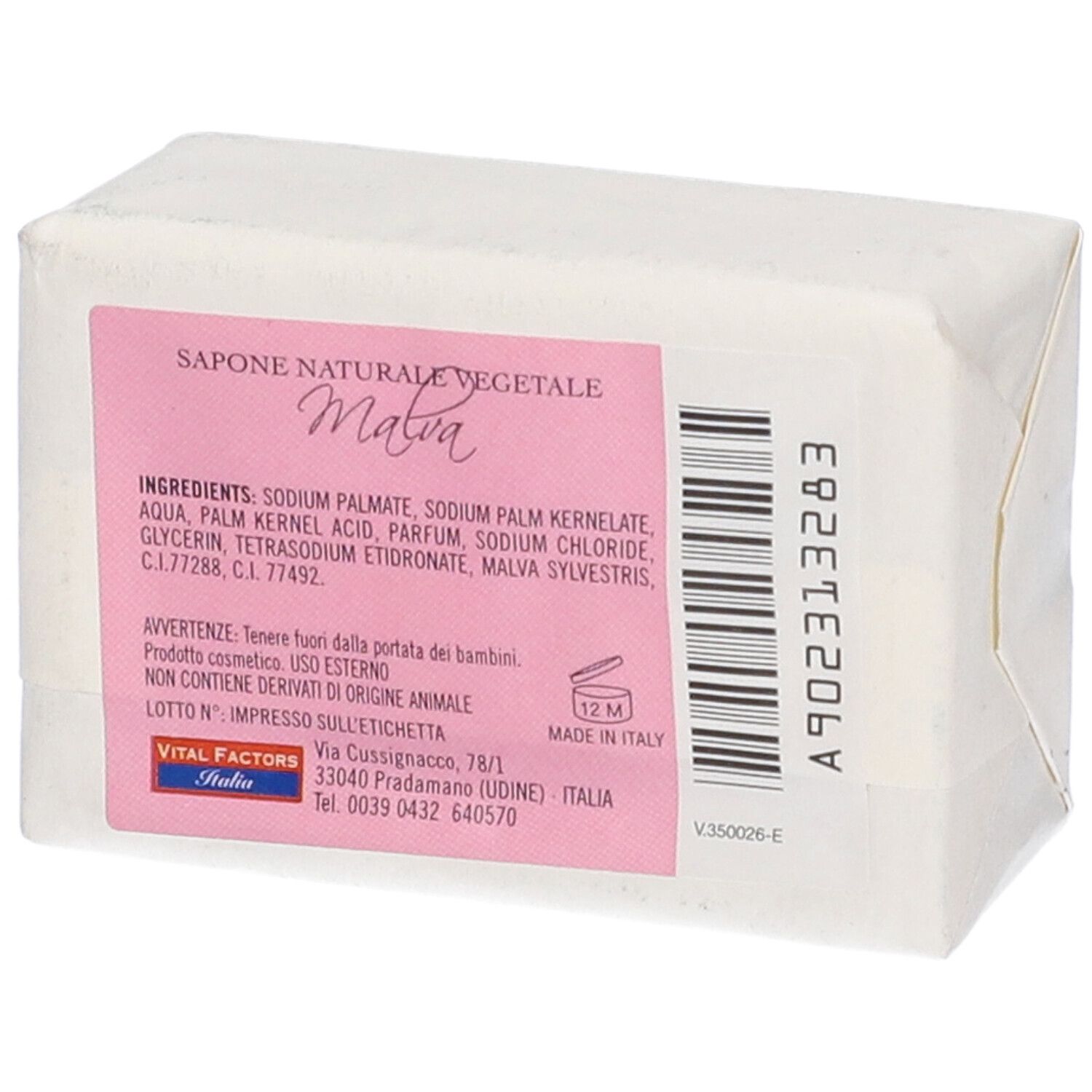 Sapone confezionato. Etichetta rosa con ingredienti, codice a barre e testo. Marca: Vital Factors Italia.