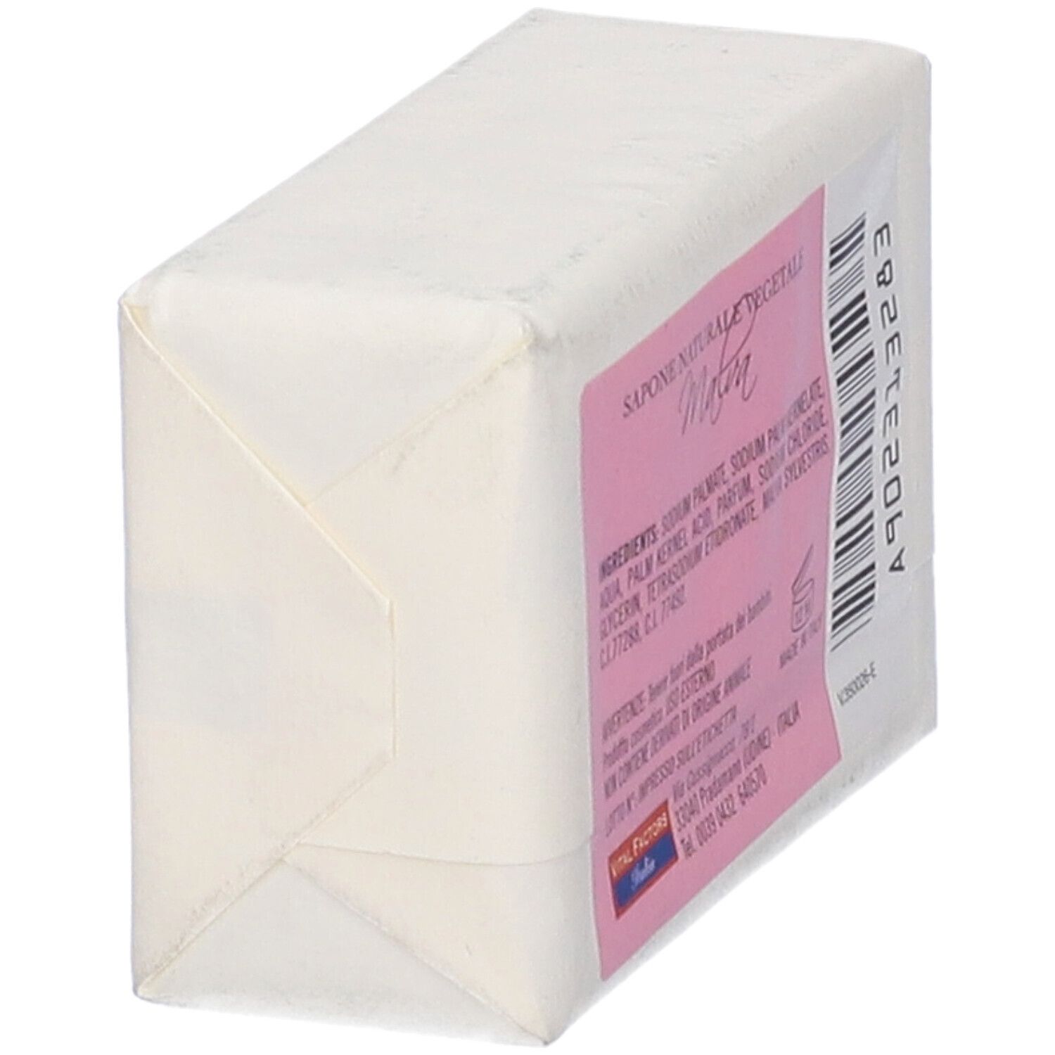 Sapone confezionato. Etichetta rosa con ingredienti, codice a barre e testo. Marca: Vital Factors Italia.