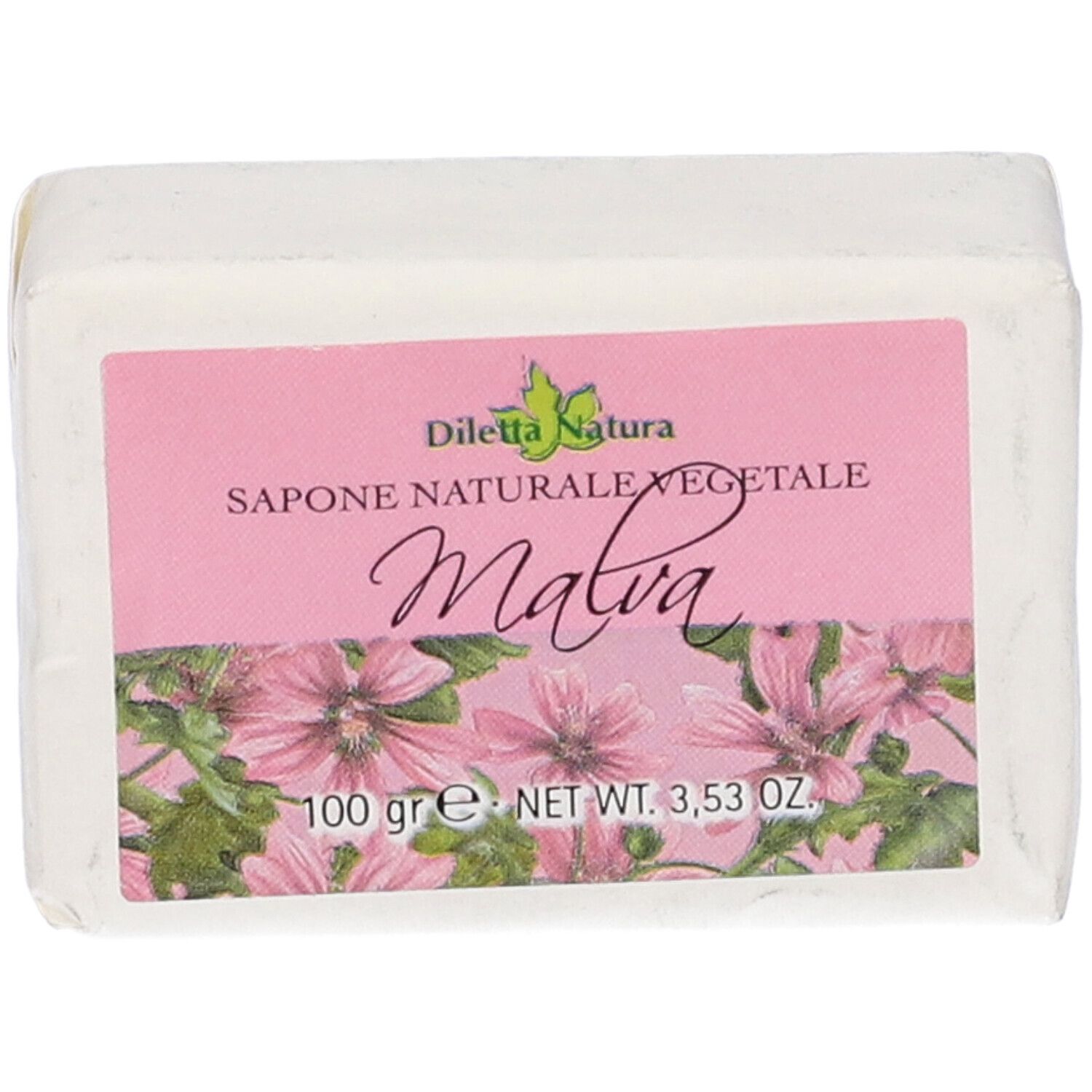 Sapone confezionato in carta. Etichetta rosa con testo Malva, 100 g e fiori. Marca: Diletta Natura.