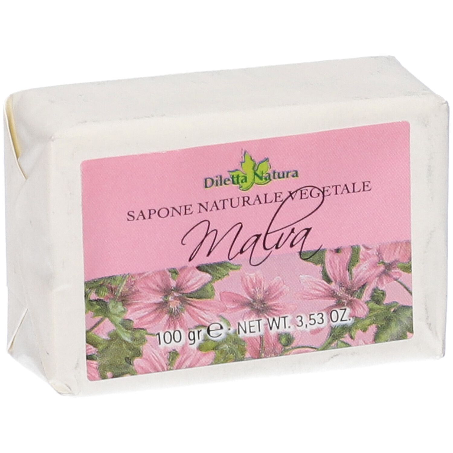 Sapone confezionato in carta. Etichetta rosa con testo Malva, 100 g e fiori. Marca: Diletta Natura.