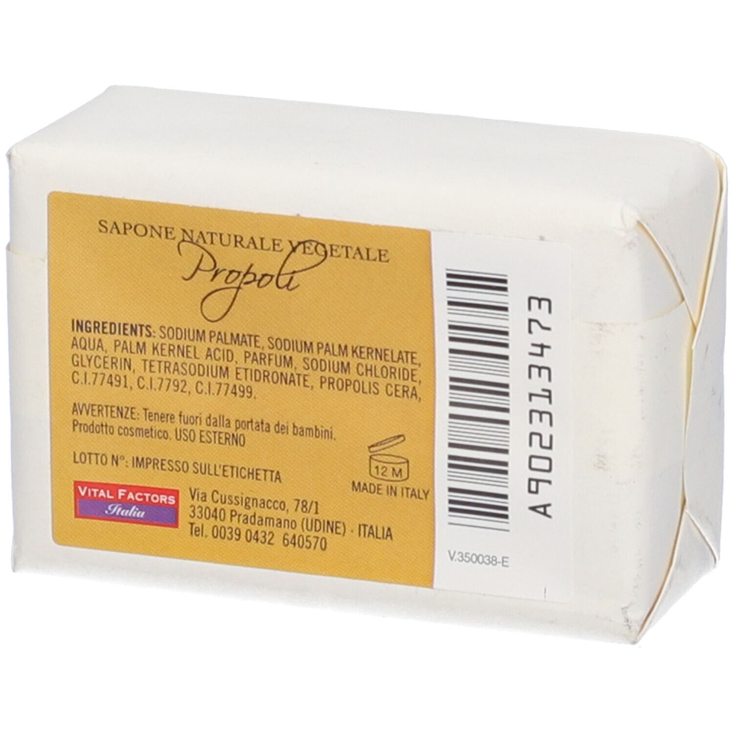Sapone confezionato in carta. Retro con ingredienti, avvertenze e informazioni del produttore.