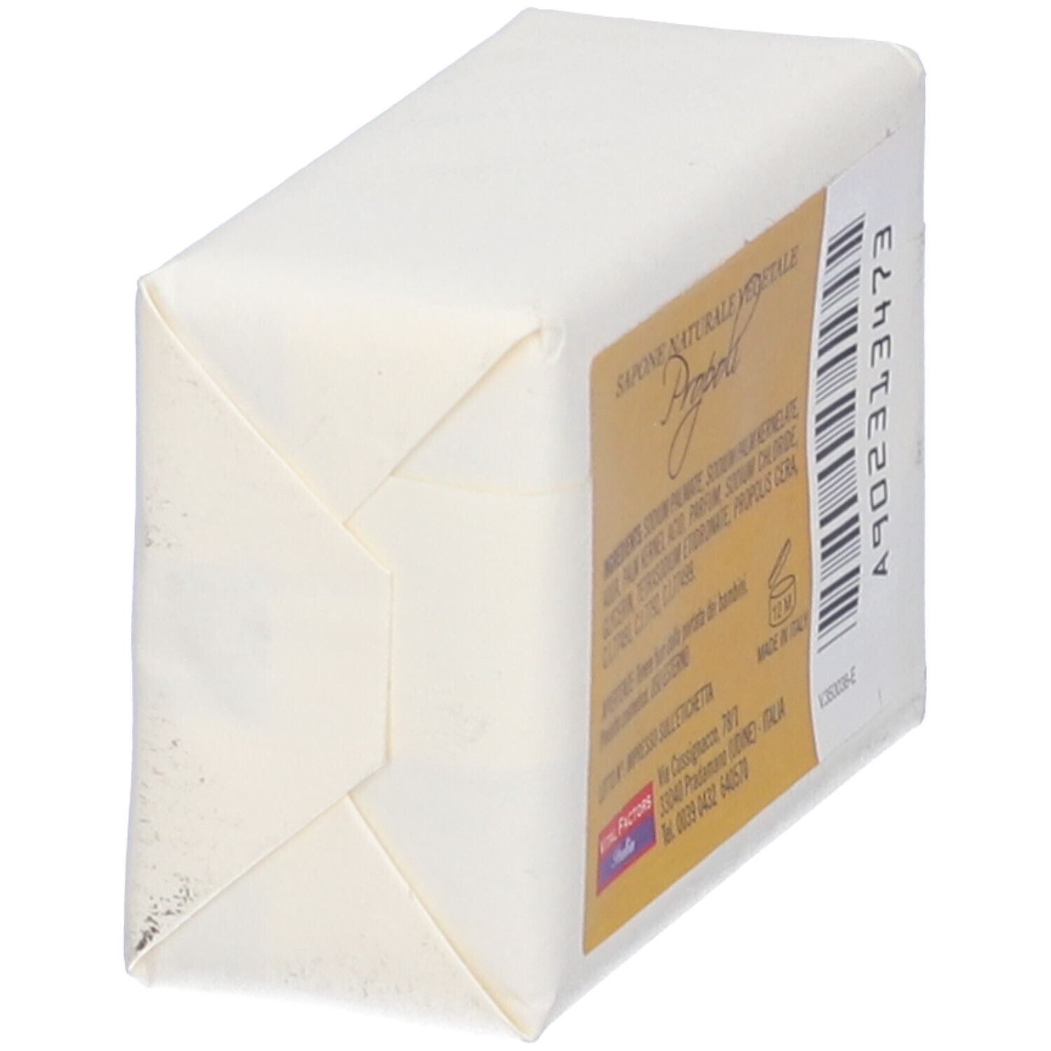 Sapone confezionato in carta. Vista dall'alto. Retro con ingredienti e informazioni del produttore.