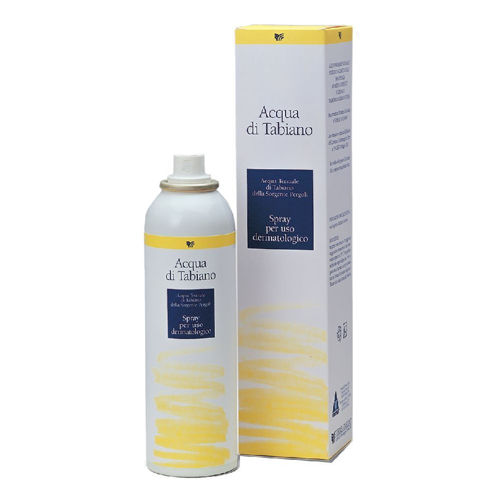 Spray bianco con dettagli gialli e scritta Acqua di Tabiano. Accanto, una scatola con lo stesso design.