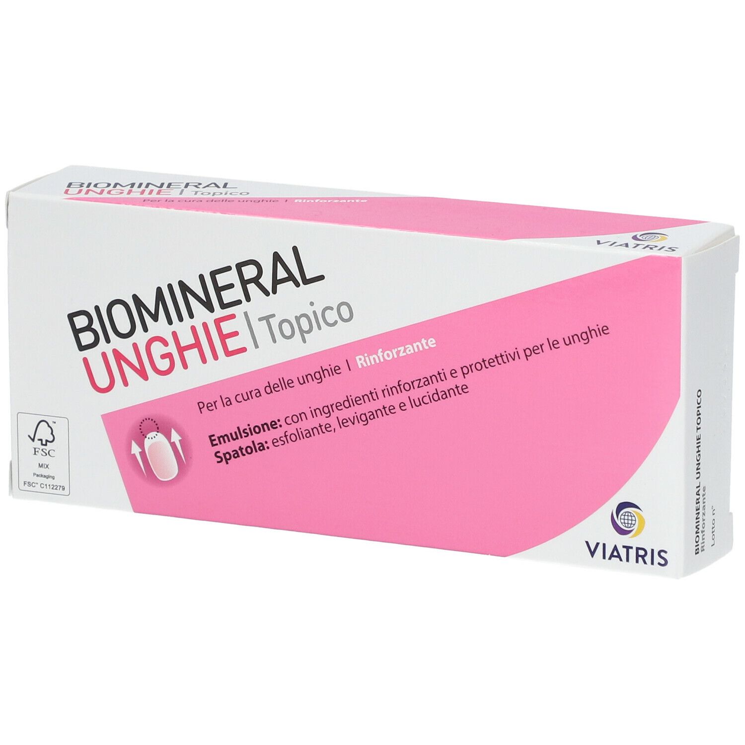 Biomineral Unghie topico. Scatola bianca con elementi rosa. Testo: Unghie, topico, Viatris. Logo FSC.