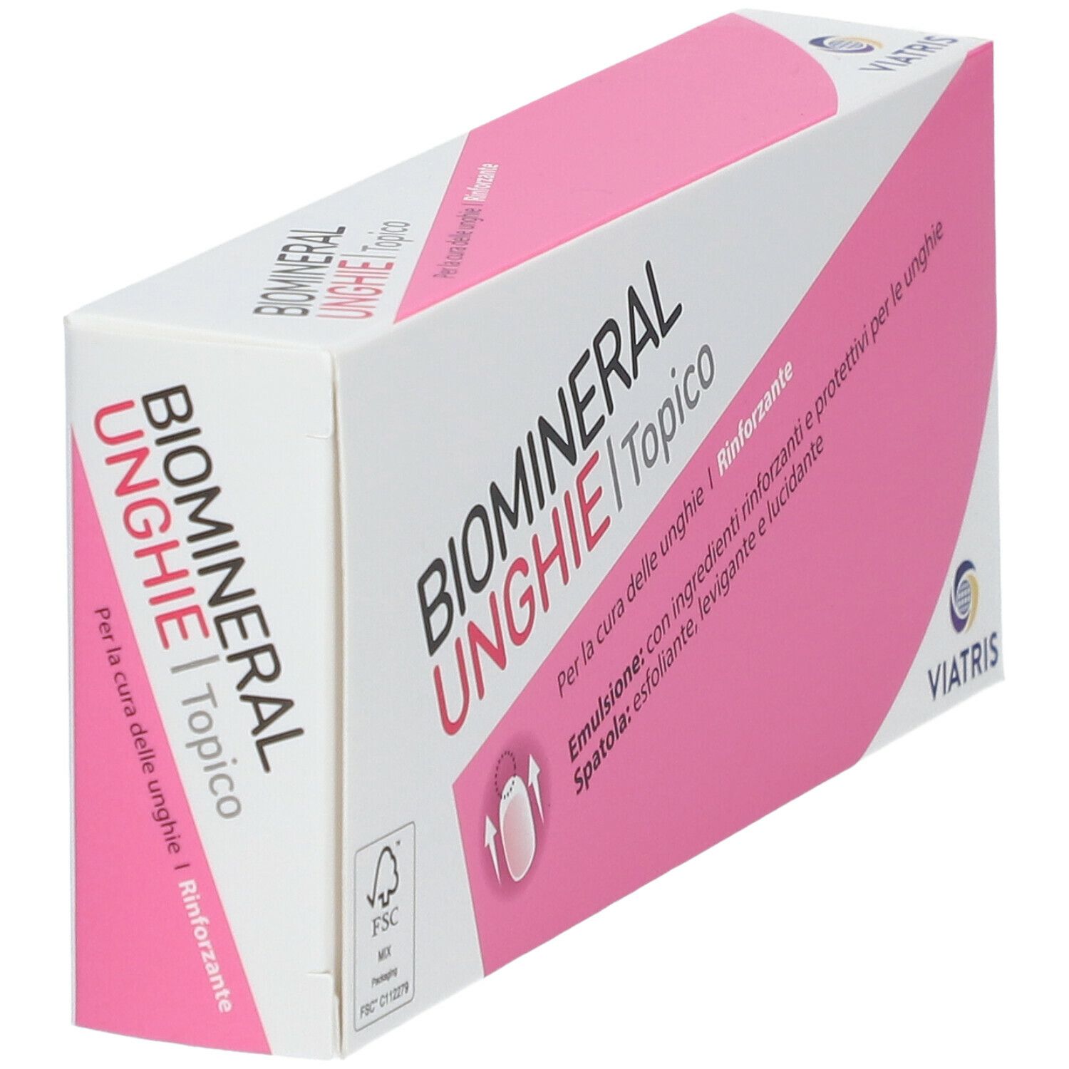 Biomineral Unghie topico. Scatola bianca con elementi rosa. Testo: Unghie, topico, Viatris. Logo FSC.