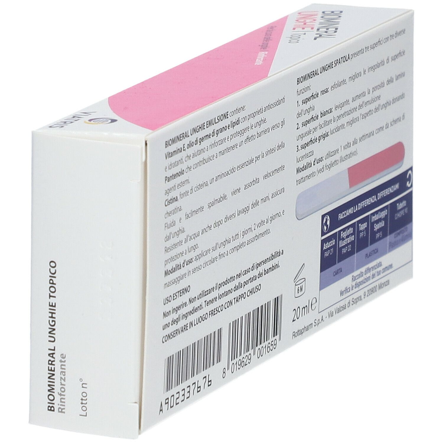 Biomineral Unghie topico. Scatola bianca con elementi rosa. Testo e informazioni per l'uso.