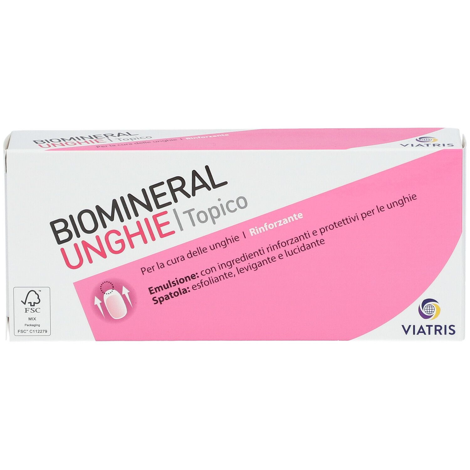 Biomineral Unghie topico. Scatola bianca con elementi rosa. Testo: Unghie, topico, Viatris. Logo FSC.