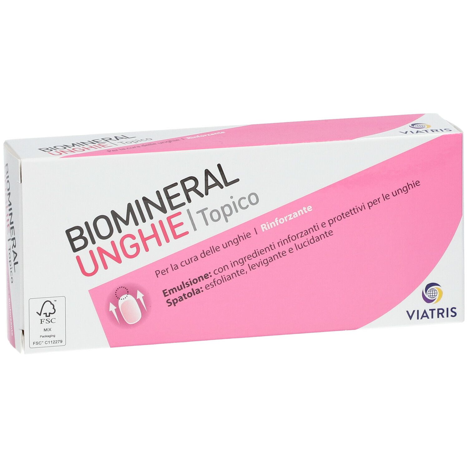 Biomineral Unghie topico. Scatola bianca con elementi rosa. Testo: Unghie, topico, Viatris. Logo FSC.