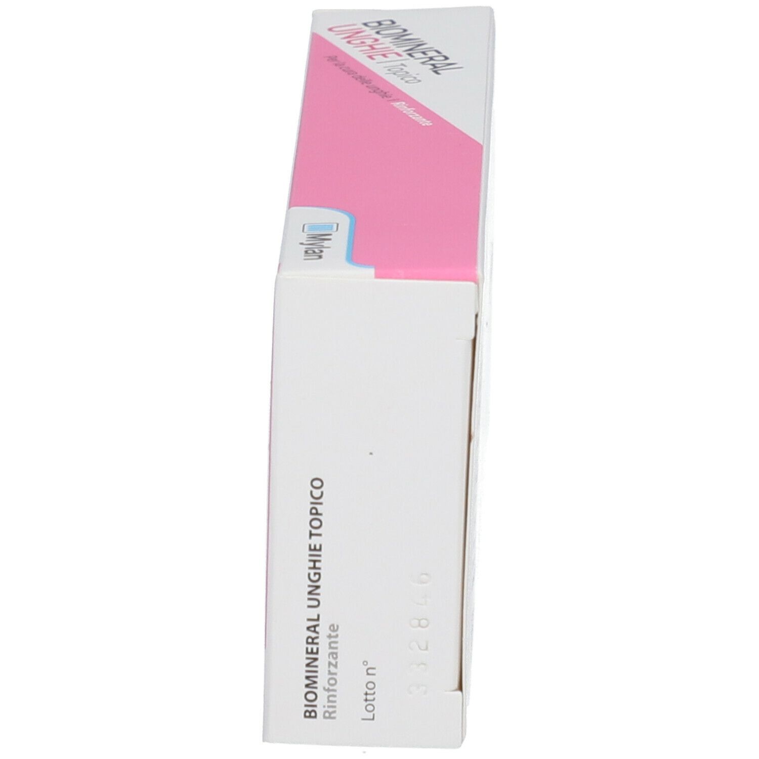 Biomineral Unghie topico. Scatola bianca con elementi rosa. Testo: Unghie, topico, Viatris.