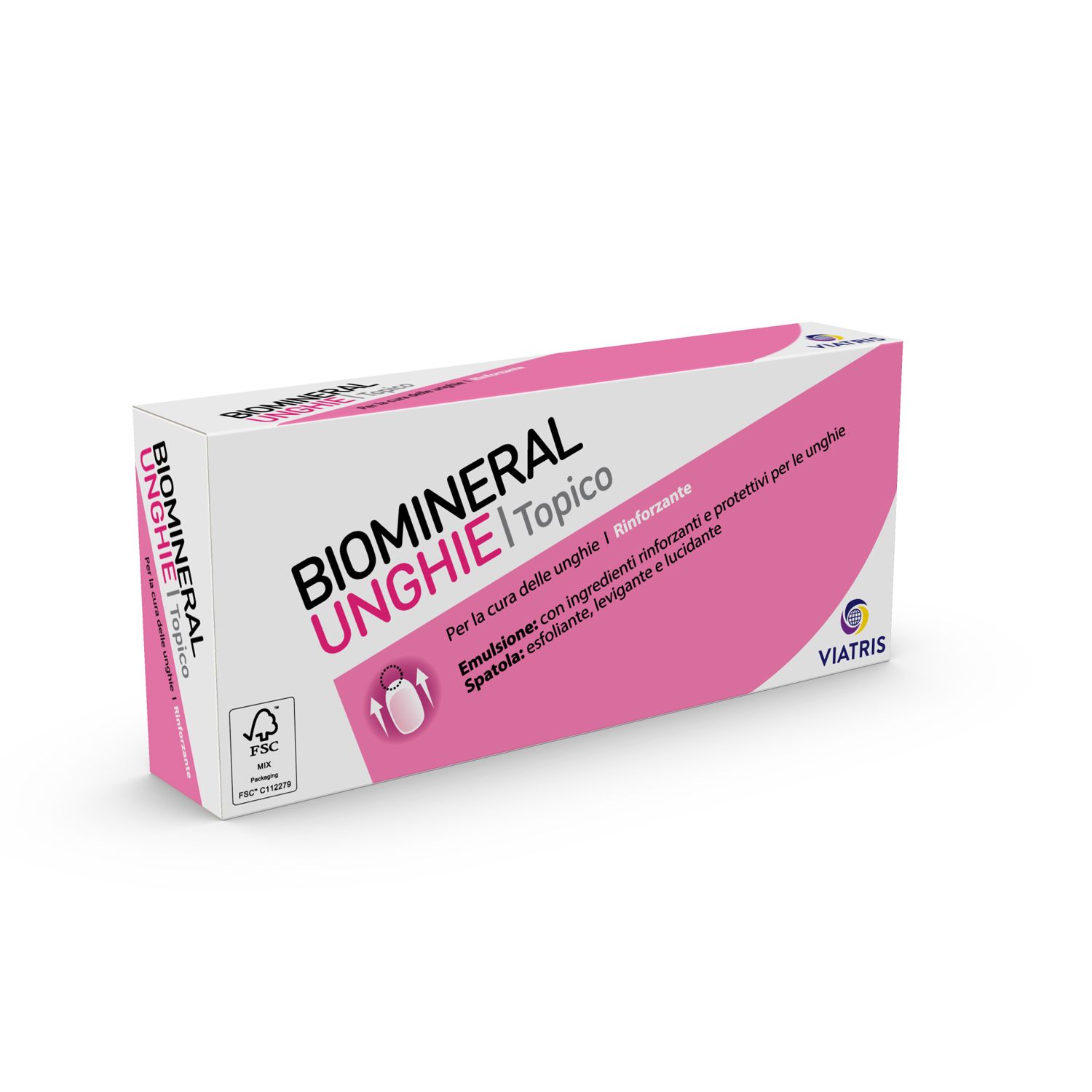 Biomineral Unghie topico. Scatola bianca con elementi rosa. Testo: Unghie, topico, Viatris. Logo FSC.