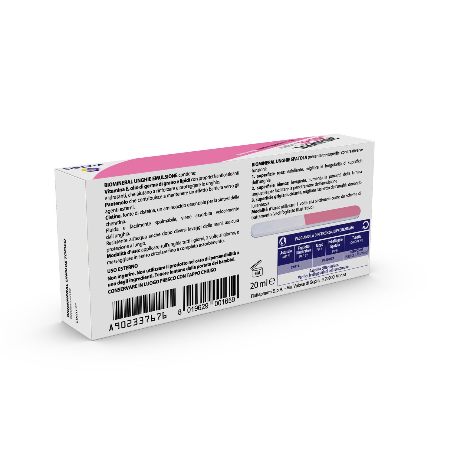 Biomineral Unghie topico. Scatola bianca con elementi rosa. Testo e informazioni per l'uso.