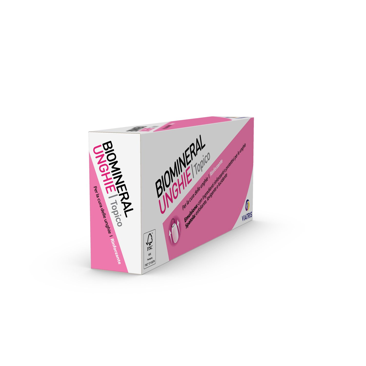 Biomineral Unghie topico. Scatola bianca con elementi rosa. Testo: Unghie, topico, Viatris. Logo FSC.