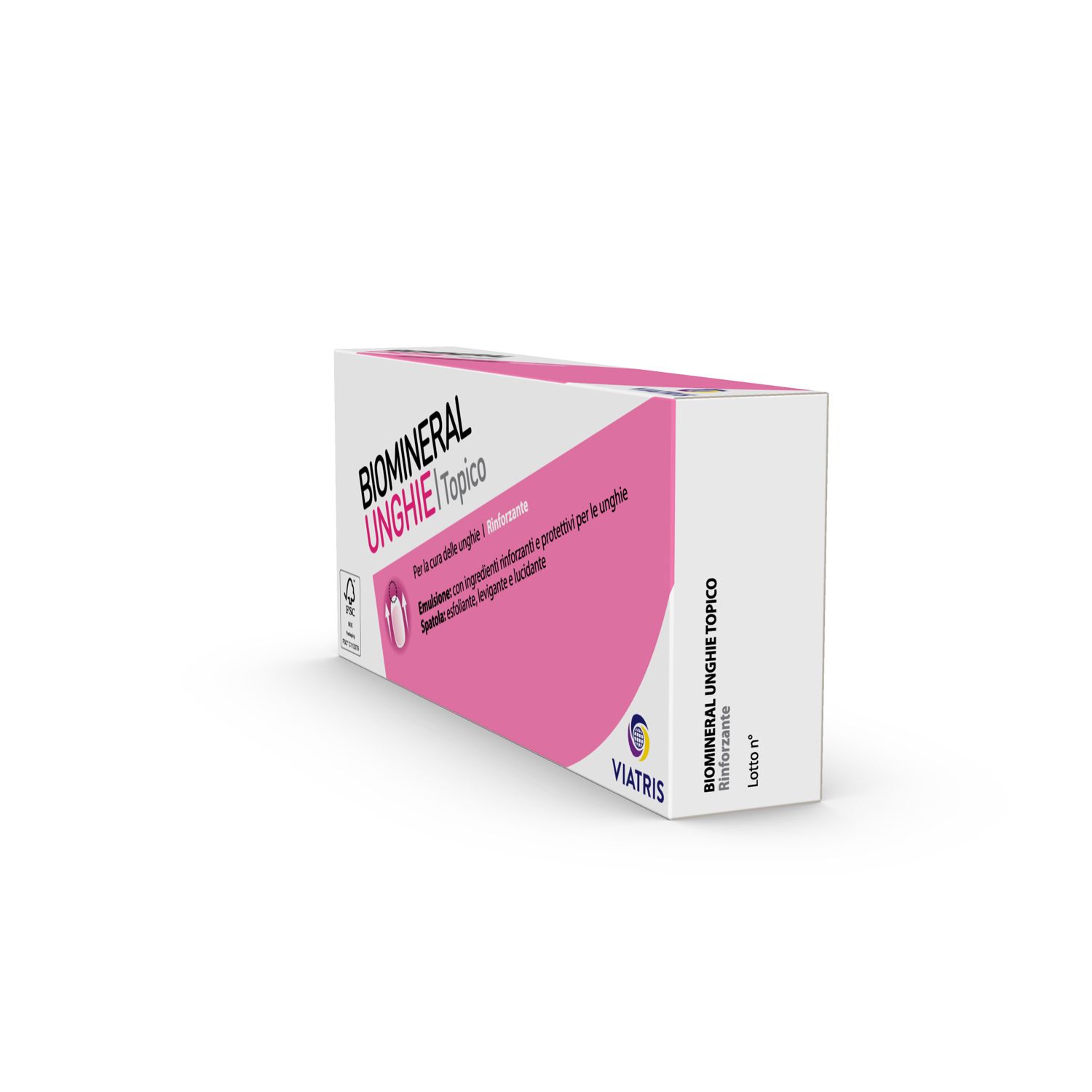 Biomineral Unghie topico. Scatola bianca con elementi rosa. Testo: Unghie, topico, Viatris.