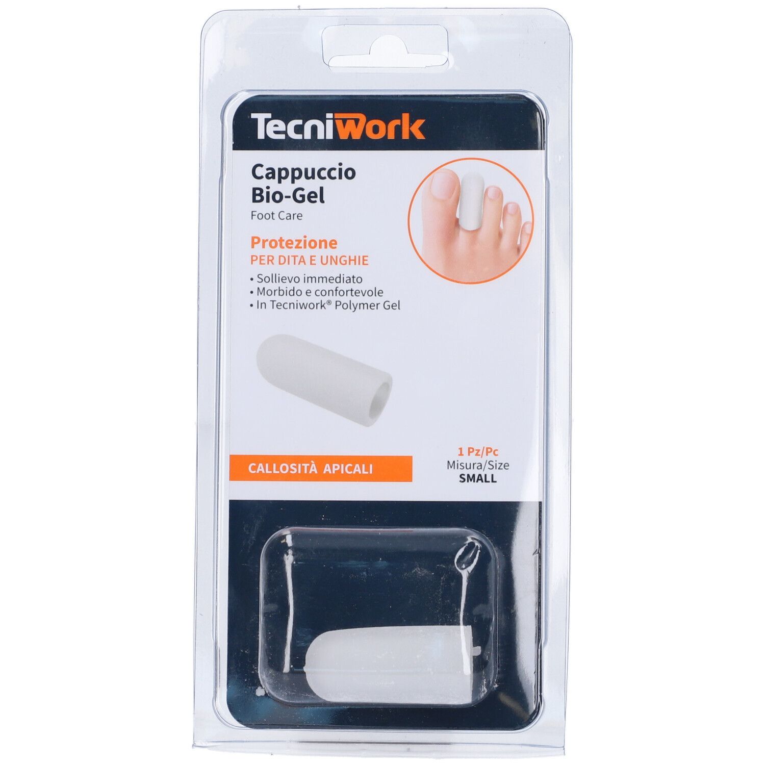 Verpackung mit einem weißen Tecniwork Biogel Cappuccio, Schutz für Zehen und Nägel, Größe S. Produktabbildung.