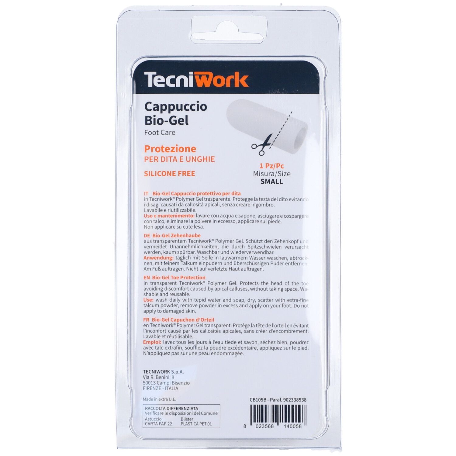 Rückseite der Verpackung mit Produktinformationen. Tecniwork Biogel Cappuccio, Schutz für Zehen und Nägel, Größe S.