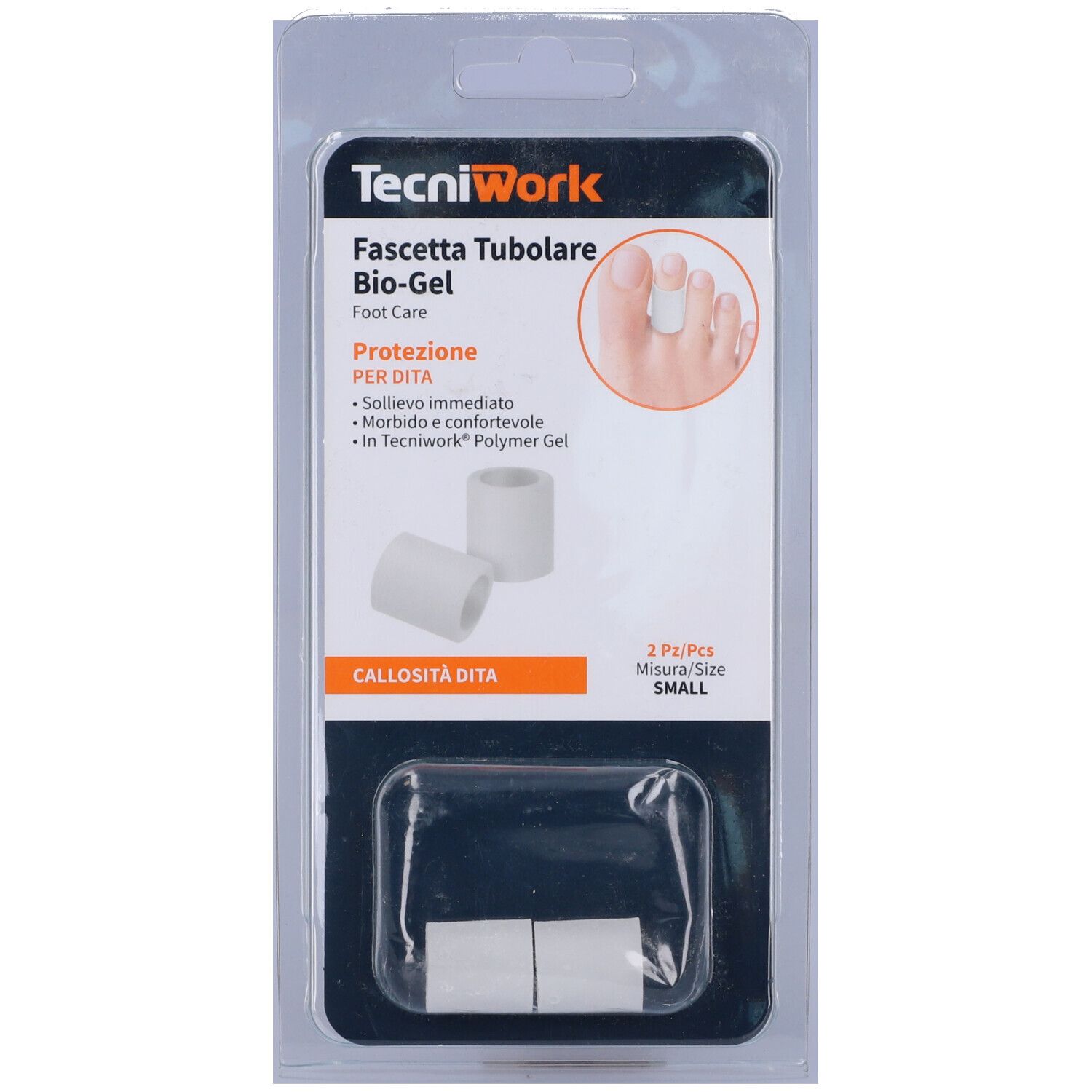 Verpackung mit zwei weißen Tecniwork Biogel Fascetta Tubolare für Dita. Misura S. Aufschrift: Bio-Gel, Schutz für Zehen.