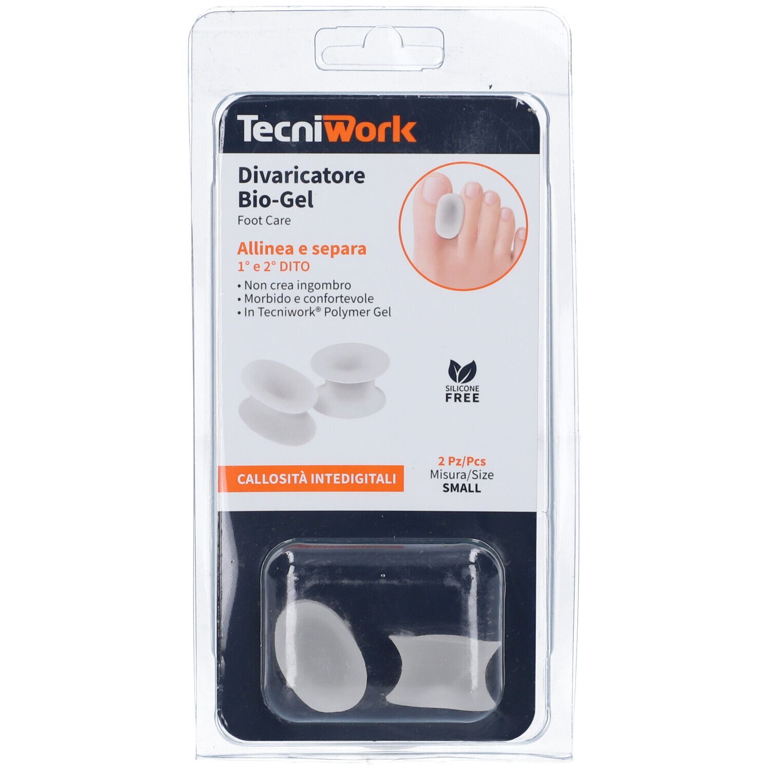 Blisterpackung mit zwei Zehenspreizern aus Bio-Gel. Aufschrift: TecniWork, Divaricatore Bio-Gel, 2 Pz/Pcs, Small.