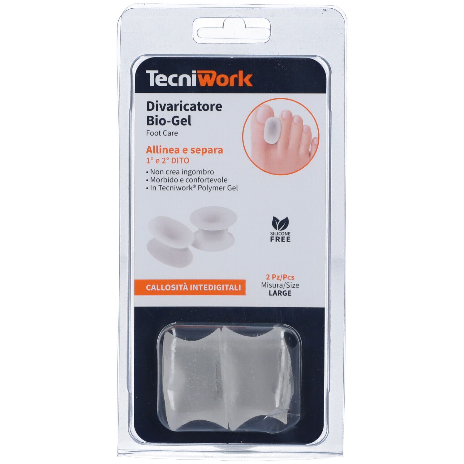 Transparenter TecniWork Biogel-Zehenspreizer in Blisterverpackung. Zwei Stück, Größe L. Aufdrucke: Markenname, Produktname, Eigenschaften.