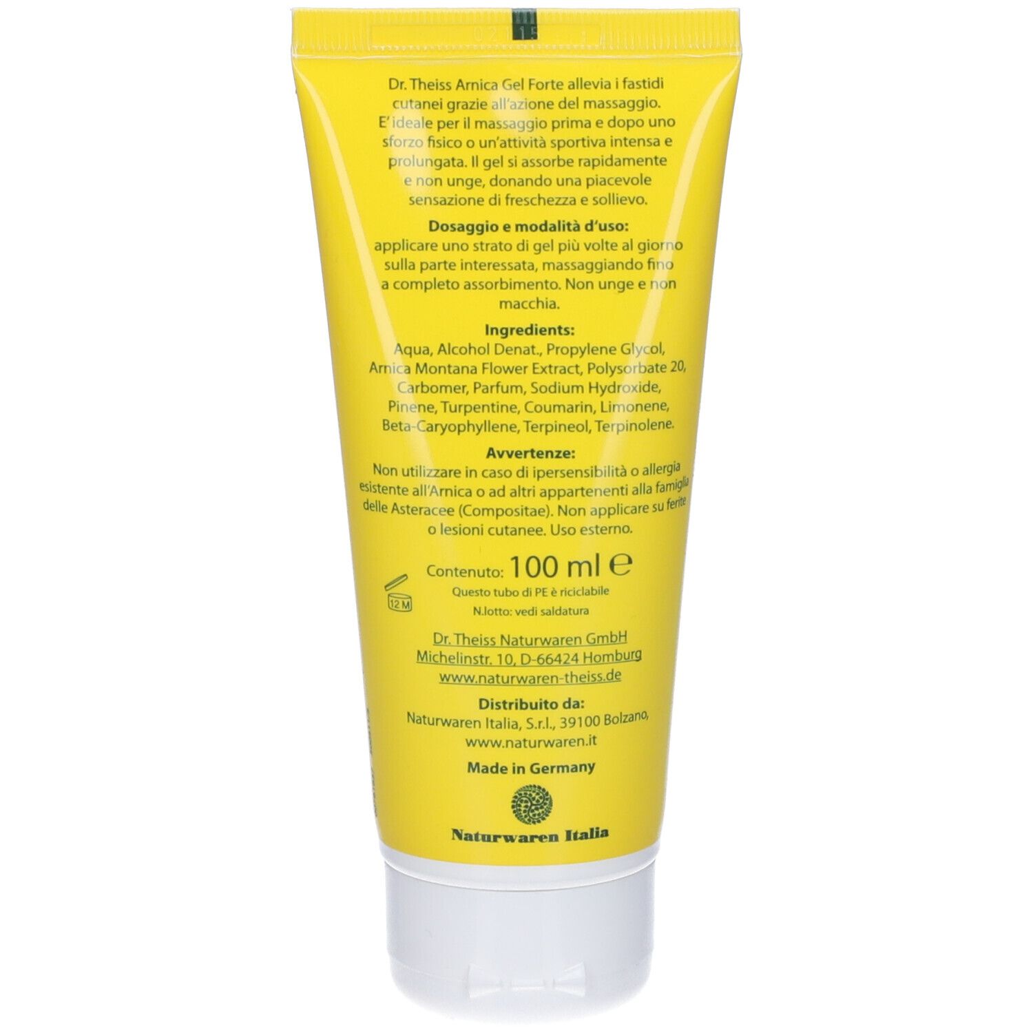 Gel-Tube mit gelbem Hintergrund. Text: Dr. Theiss Arnika Gel Forte. Inhaltsstoffe und Warnhinweise. Herstellerinformationen.