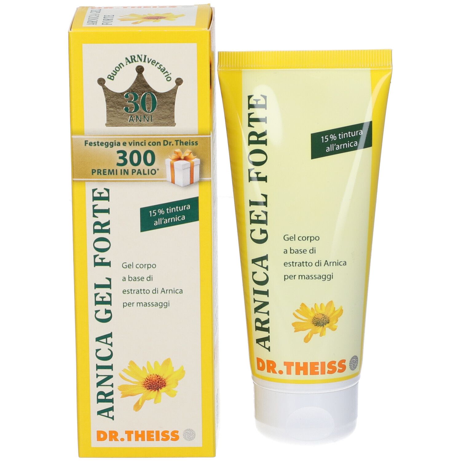 Produktverpackung mit Tube und Schachtel. Text: Arnika Gel Forte, 15% Tinktur. Gel für den Körper auf Basis von Arnika-Extrakt.