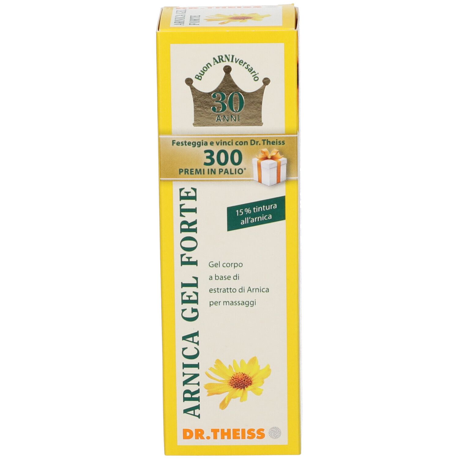Gel-Schachtel mit Text: Arnika Gel Forte. 15% Tinktur. Gel für den Körper auf Basis von Arnika-Extrakt. Logo Dr. Theiss.
