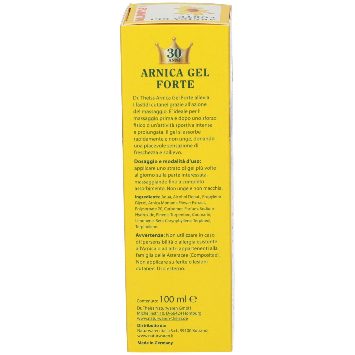 Gel-Schachtel mit Text: Arnika Gel Forte. Inhaltsstoffe und Anwendungshinweise. 100 ml. Logo Dr. Theiss.