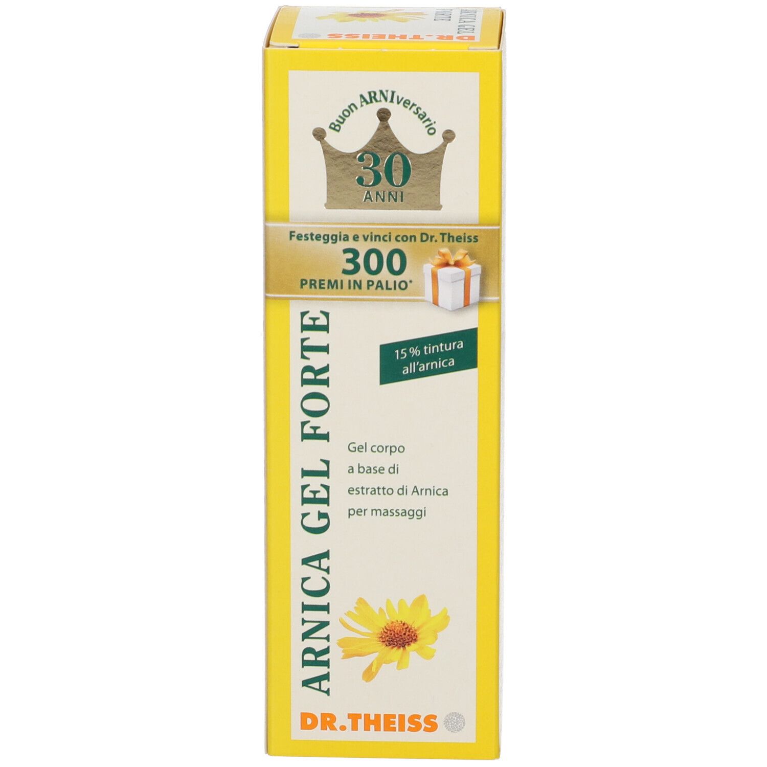 Gel-Schachtel mit Text: Arnika Gel Forte. Logo Dr. Theiss. 30 Jahre Jubiläum. 300 Preise zu gewinnen.