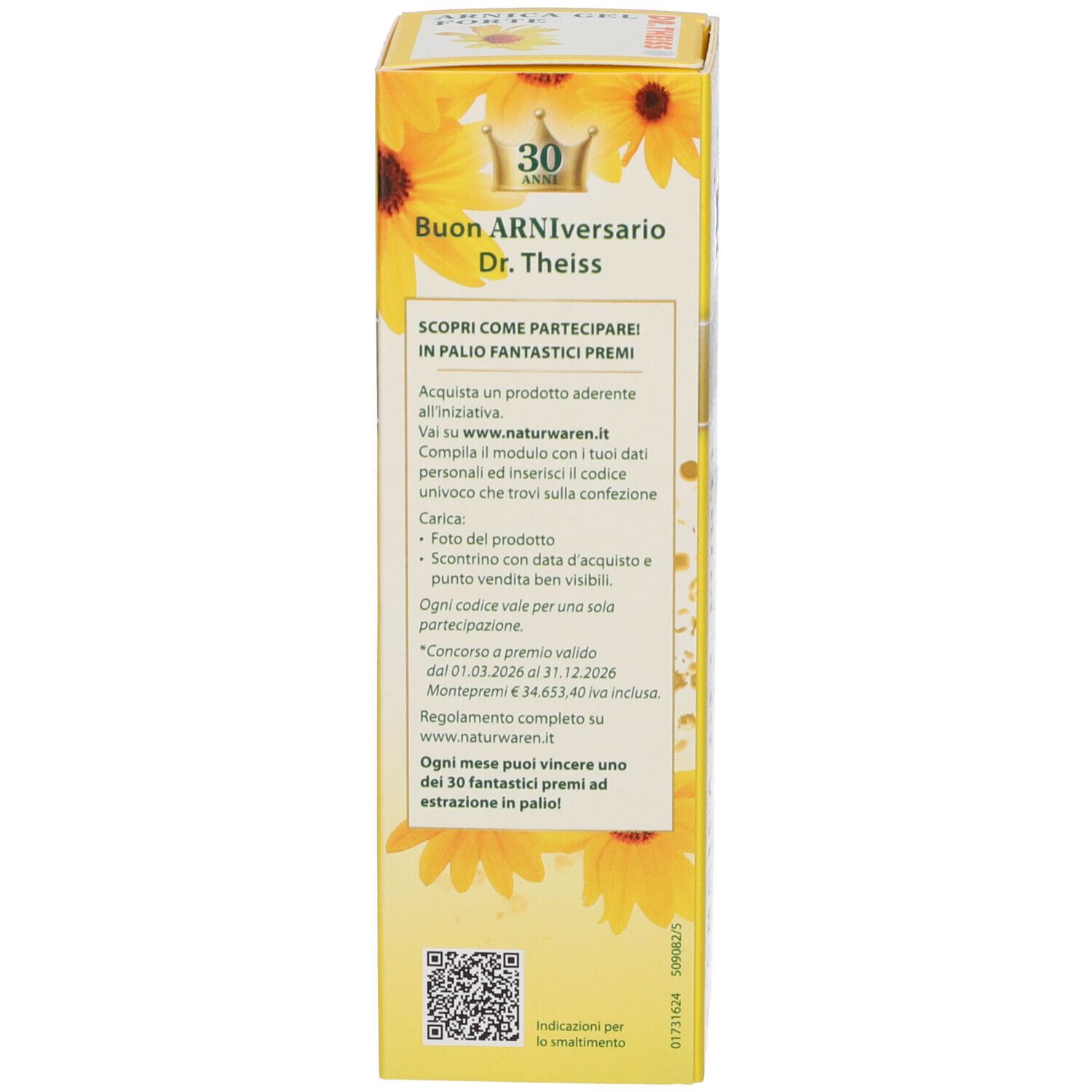 Rückseite der Gel-Schachtel. Text: Teilnahmebedingungen für ein Gewinnspiel. QR-Code. Logo Naturwaren.
