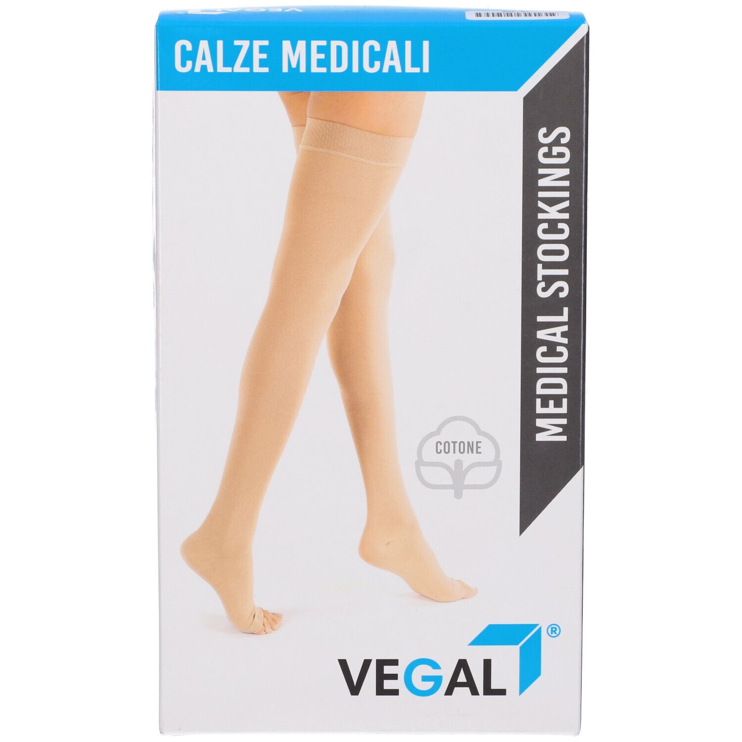 Calze medicali beige in confezione. Logo VEGAL, testo 'CALZE MEDICALI' e 'MEDICAL STOCKINGS'. Simbolo cotone.