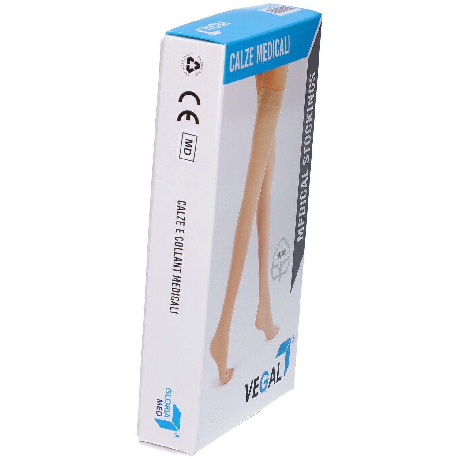Confezione di calze medicali VEGAL. Scritta CALZE MEDICALI e MEDICAL STOCKINGS. Raffigurati calze beige sull'imballaggio.