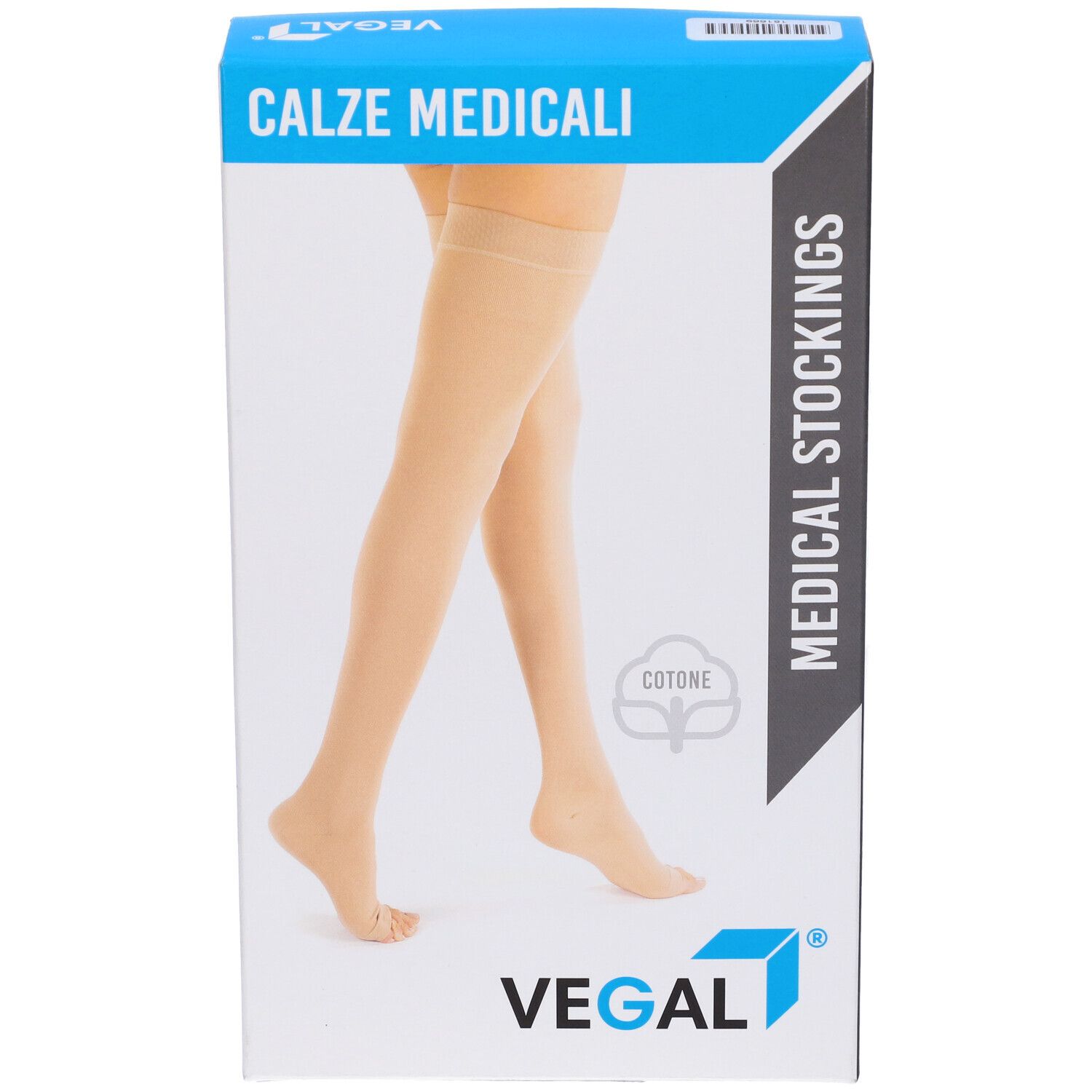 Confezione di calze medicali VEGAL. Scritta CALZE MEDICALI e MEDICAL STOCKINGS. Raffigurati calze beige sull'imballaggio.