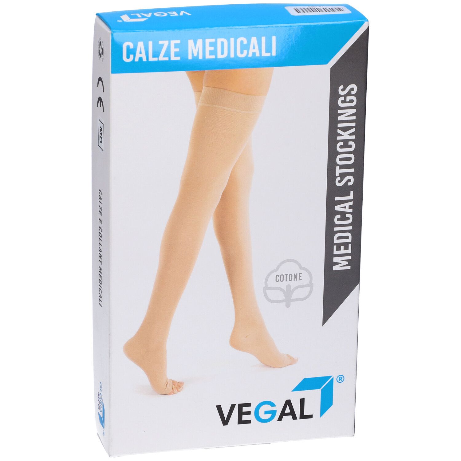 Confezione di calze medicali VEGAL. Scritta CALZE MEDICALI e MEDICAL STOCKINGS. Raffigurati calze beige sull'imballaggio.