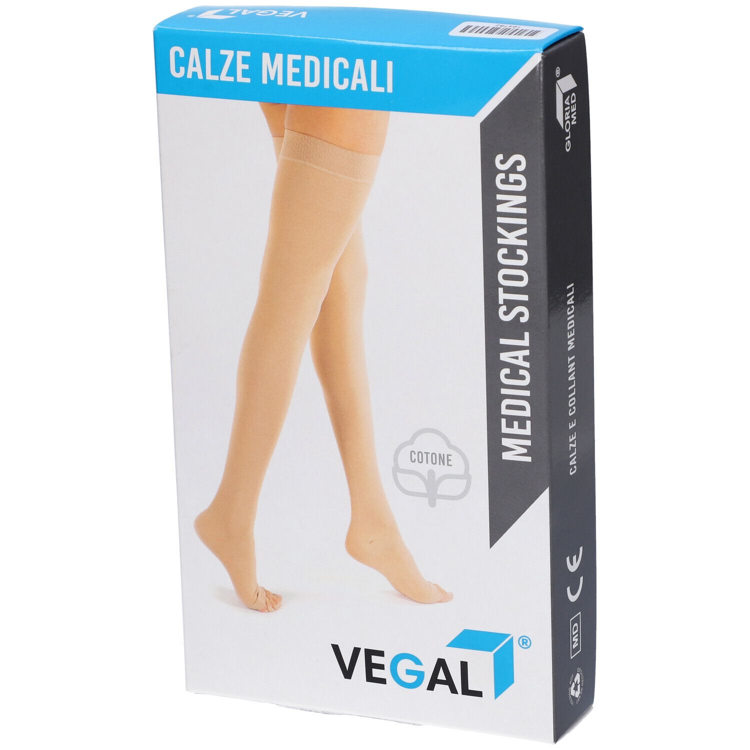 Calze medicali in confezione. Marchio VEGAL. Scritto: CALZE MEDICALI, MEDICAL STOCKINGS. Calze beige raffigurate sulla confezione.