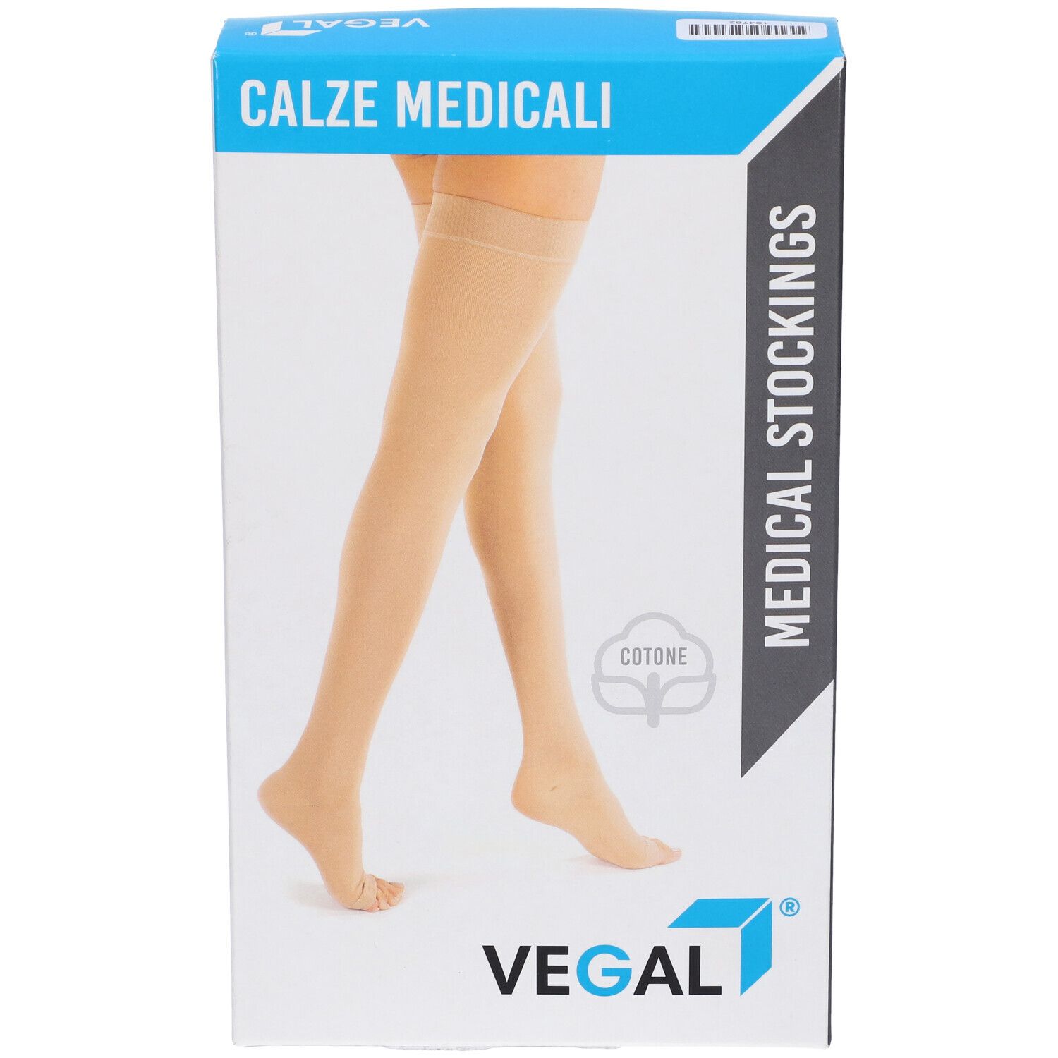 Calze medicali in confezione. Marchio VEGAL. Scritto: CALZE MEDICALI, MEDICAL STOCKINGS. Calze beige raffigurate sulla confezione.