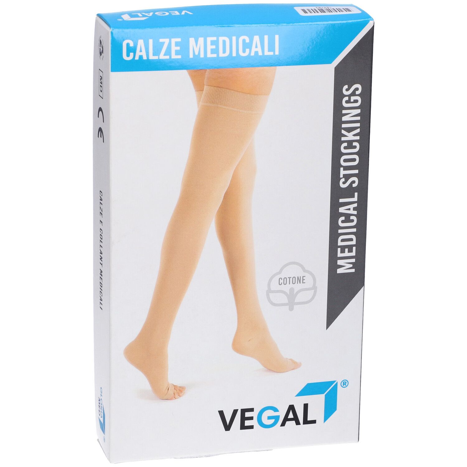 Calze medicali in confezione. Marchio VEGAL. Scritto: CALZE MEDICALI, MEDICAL STOCKINGS. Calze beige raffigurate sulla confezione.