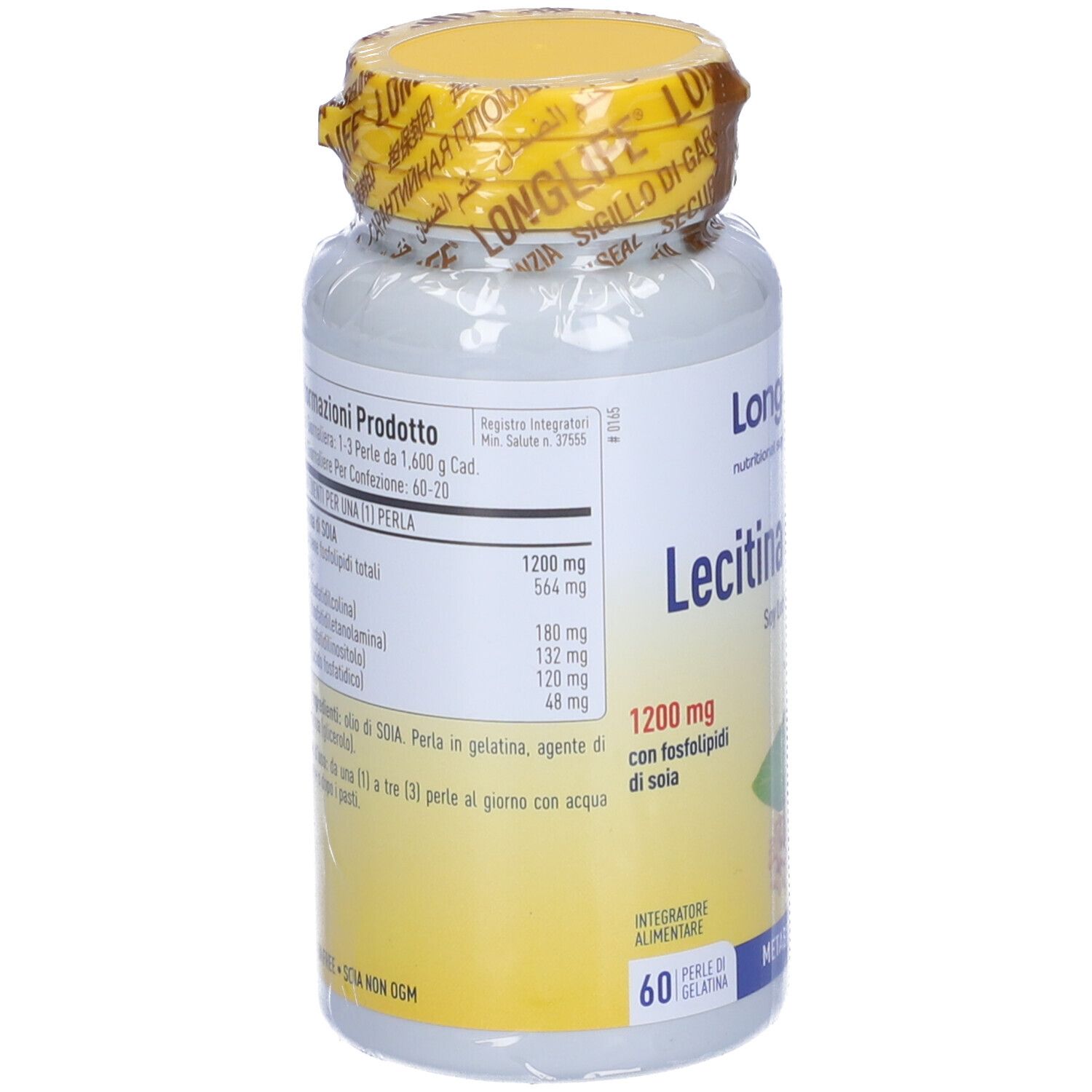 Dos du flacon. Inscription : Lecitina di Soia, 1200 mg. Informations sur les ingrédients et la valeur nutritionnelle. Bouchon jaune.
