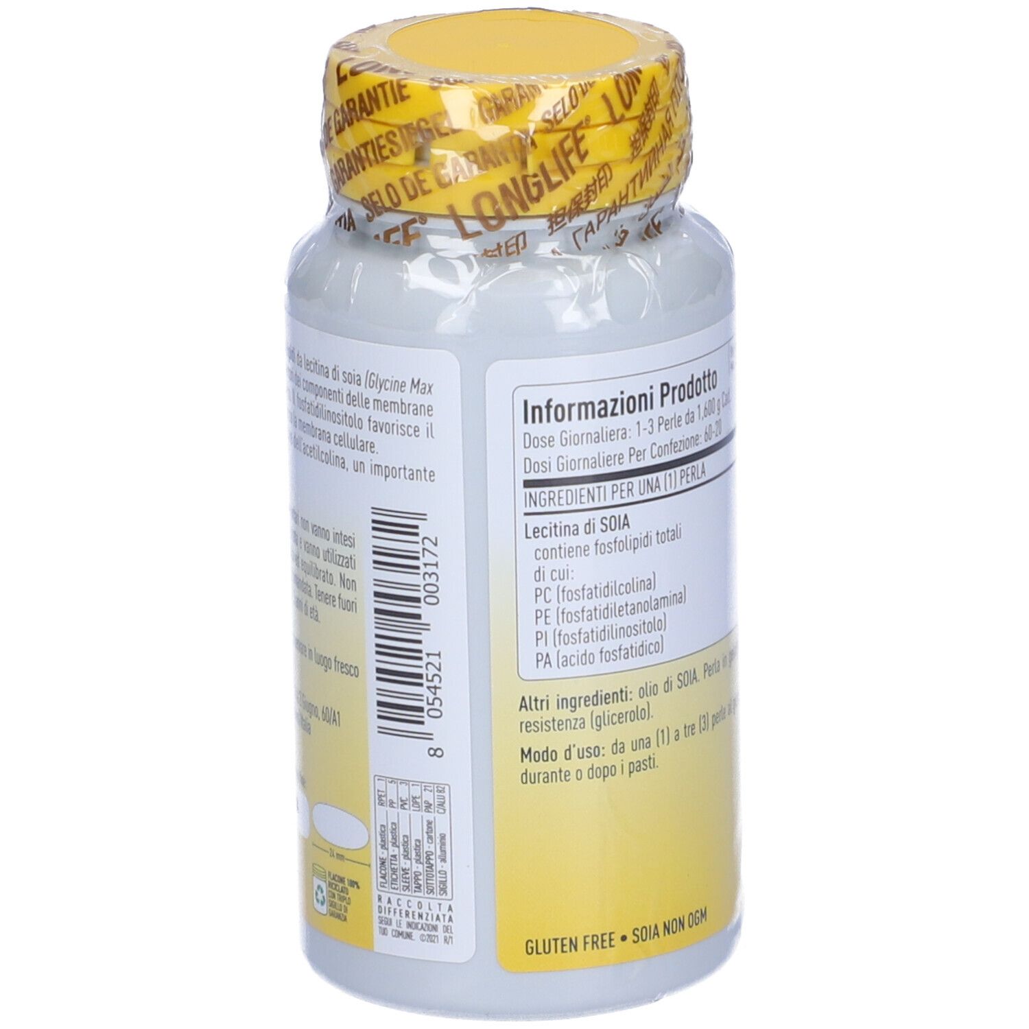 Dos du flacon. Inscription : Lecitina di Soia. Informations sur les ingrédients et la valeur nutritionnelle. Bouchon jaune. Sans gluten, sans soja.